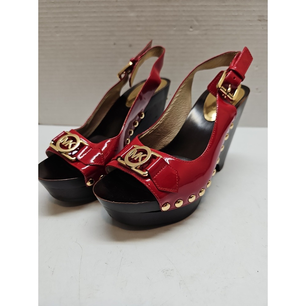 Michael Kors Red Patent Leather Platform Wedge Sandals Gold MK‎ Logo Studded 6M